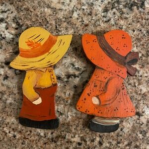 Vintage Holly Hobbie and Robby Wooden Handpainted Magnets with Bonnets